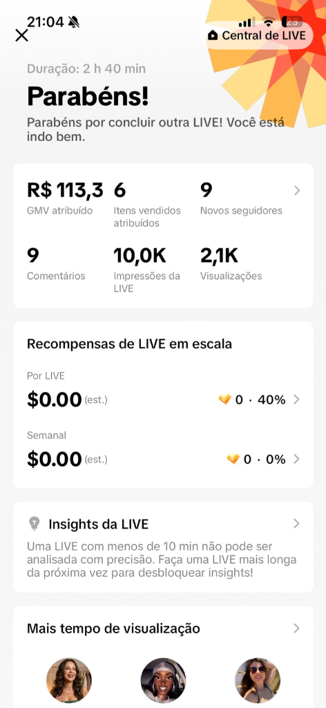 Central de Live Parabéns TikTok Shop